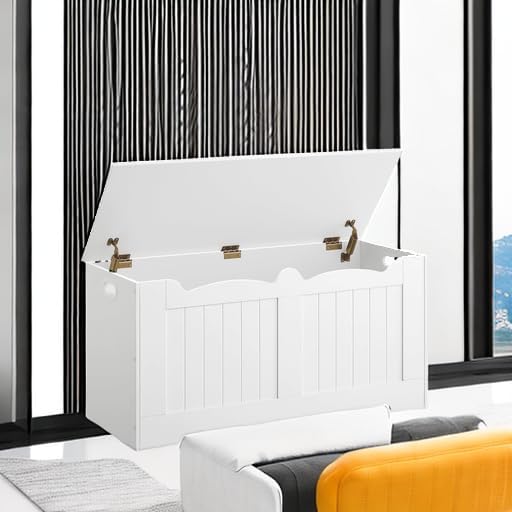 39.4" Storage Chest, Storage Bench Trunk with 2 Safety Hinges, Wooden Box, Lift-Top Chest Organizer, Shoe Bench for Entryway, Bedroom, Living Room, White 01003XSB