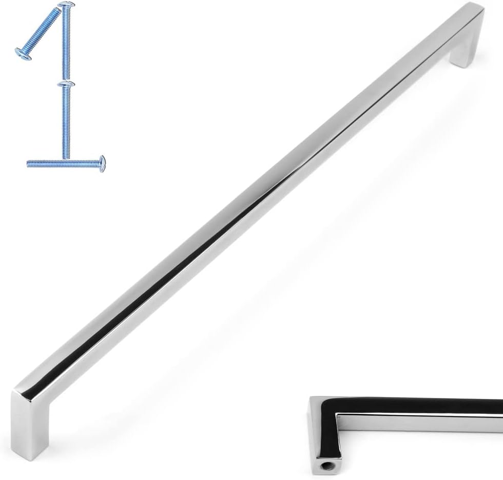 KOOFIZO Solid Square Bar Cabinet Handle - Chrome Furniture Pull, 12.6 Inch/320mm Screwhole Distance, 1-Piece for Kitchen Cupboard Door, Bedroom Dresser Drawer, Bathroom Wardrobe Hardware