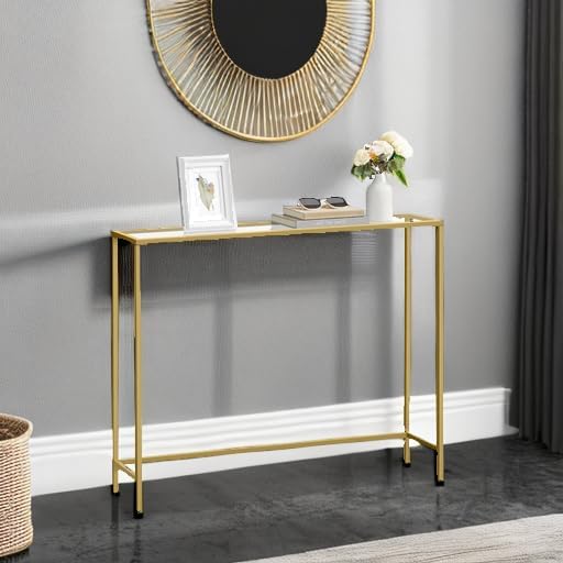 VASAGLE Entryway Table, Console Table, Tempered Glass Tabletop, Modern Sofa Table, Easy Assembly, with Adjustable Feet, for Living Room, Entryway, Pale Gold and Transparent ULGT132A01