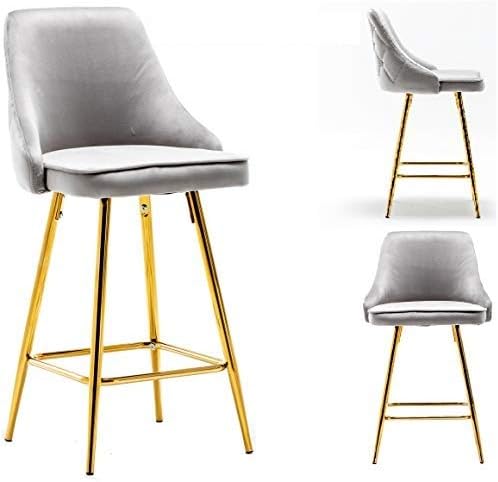 BTEXPERT Set of 2. Upholstered Dining Bar Chairs Footrest High Back Counter Height Barstools, Tufted Grey Velvet Gold Frame 25" Modern Kitchen Island Stool