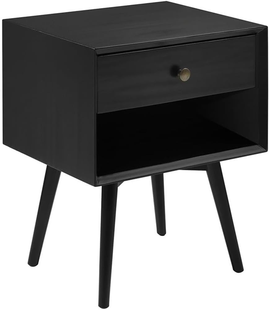 Walker Edison Ella Mid Century Modern 1 Drawer Solid Wood Nightstand, 1 Pack, Black