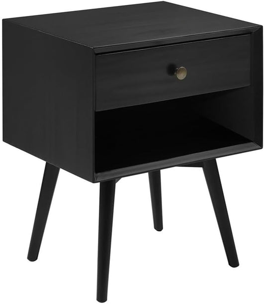 Walker Edison Ella Mid Century Modern 1 Drawer Solid Wood Nightstand, 1 Pack, Black