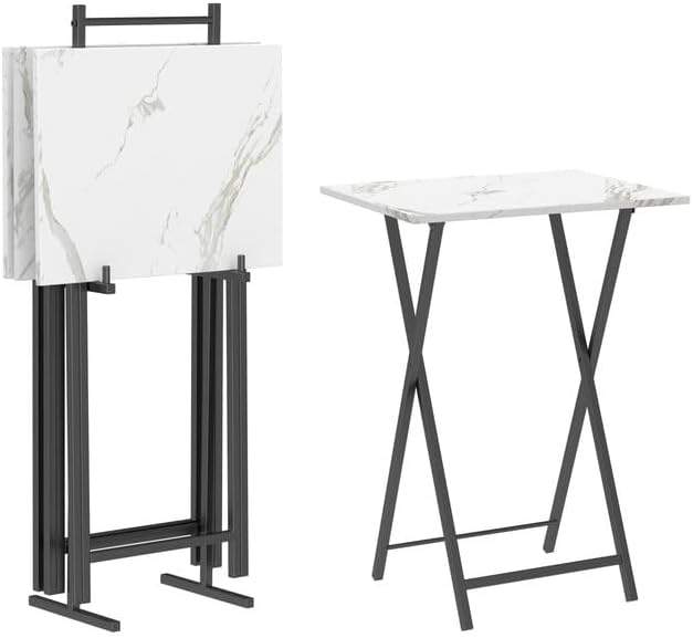 HOOBRO Folding TV Tray Tables, Set of 4 TV Trays with Storage Rack, Industrial Side Table for Eating at Couch, Foldable Snack Table for Small Space, Easy Assembly, White and Black BW50BZ01