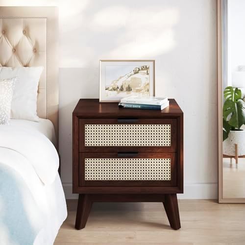 Bme Jasper Deluxe Solid Wood Rattan Nightstand Fully Assembled - Mid Century Modern Side Table with 2 Drawers - Multipurpose use for Living Room, Bedroom - Walnut