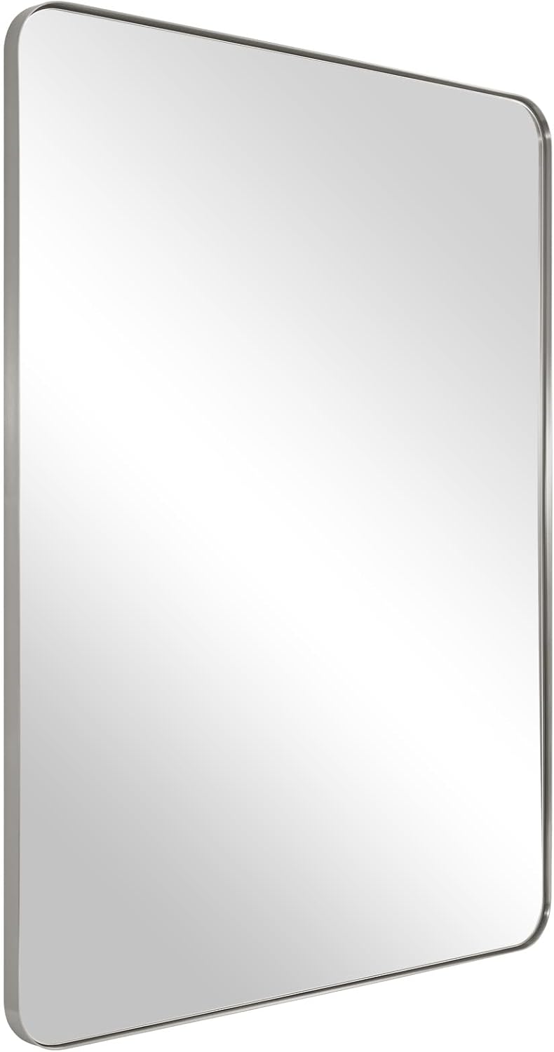 ANDY STAR Brushed Nickel Mirror for Bathroom, 22"x30" Silver Metal Frame Wall Mirror, Rectangular Stainless Steel Rounded Corner Mirror with 1’’ Deep Set Design Hangs Horizontal Or Vertical