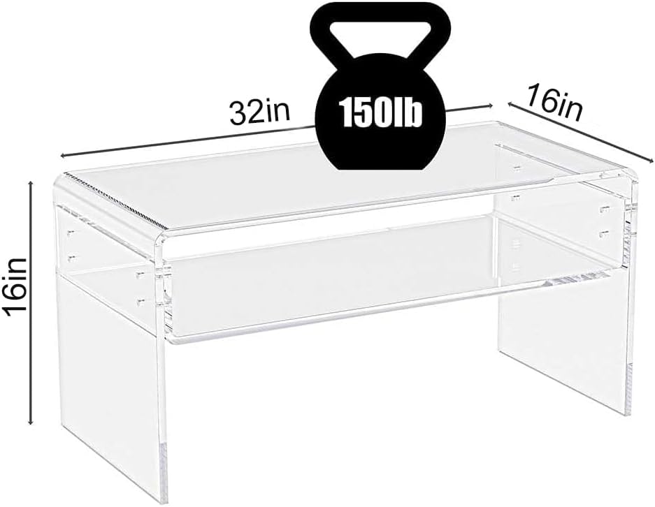 32inch Premium Clear Acrylic Rectangle Coffee Table with Storage Shelf for Living Room,Mid Century Transparent Waterfall Low Tea Table, Middle Size Table (32"x16"x16") Fit for 2 Seat Sofa