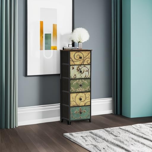 Tohomeor Small Dresser for Bedroom with Retro Flower Narrow Drawers Slim Chest of Drawers Skinny Nightstand Sofa End Table for Living Room Entryway Closet Storage (Multi, 5 Drawers)