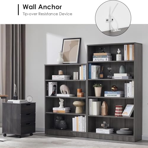 Bookshelf, 5 Wooden Book Shelf Bookcase with Freestanding Display Storage, Open Modern Bookshelf for Bedroom, Living Room, Dinning Room, Office, 60 Inch, Deep Gray