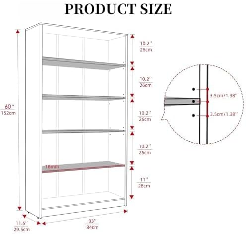 Bookshelf, 5 Wooden Book Shelf Bookcase with Freestanding Display Storage, Open Modern Bookshelf for Bedroom, Living Room, Dinning Room, Office, 60 Inch, Deep Gray