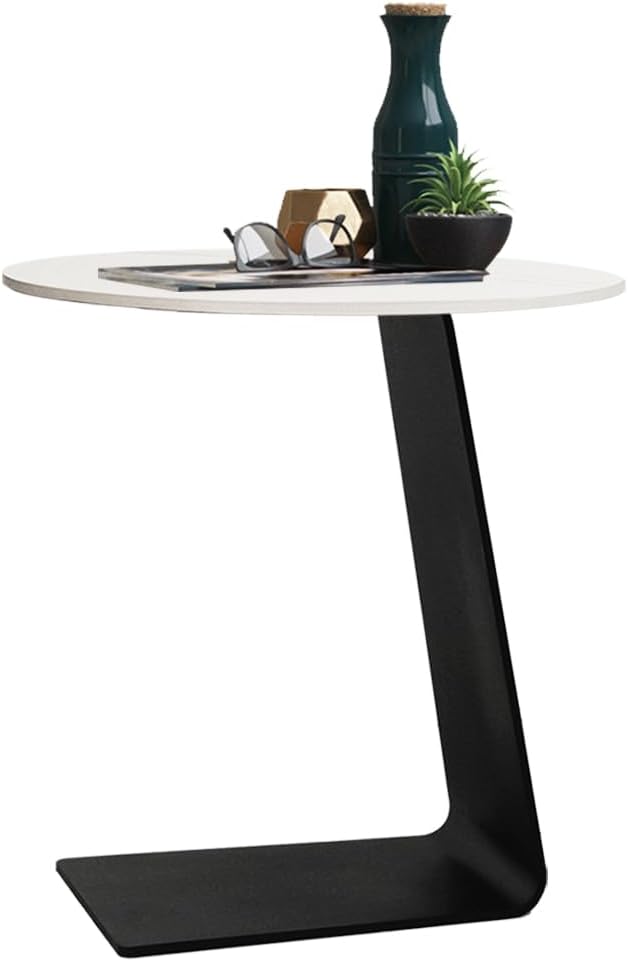 Side Table with Marble Top Metal Black C Shaped End Table Modern Sofa Side End Table Coffee Round Side Desk for Couch Living Room Bedroom