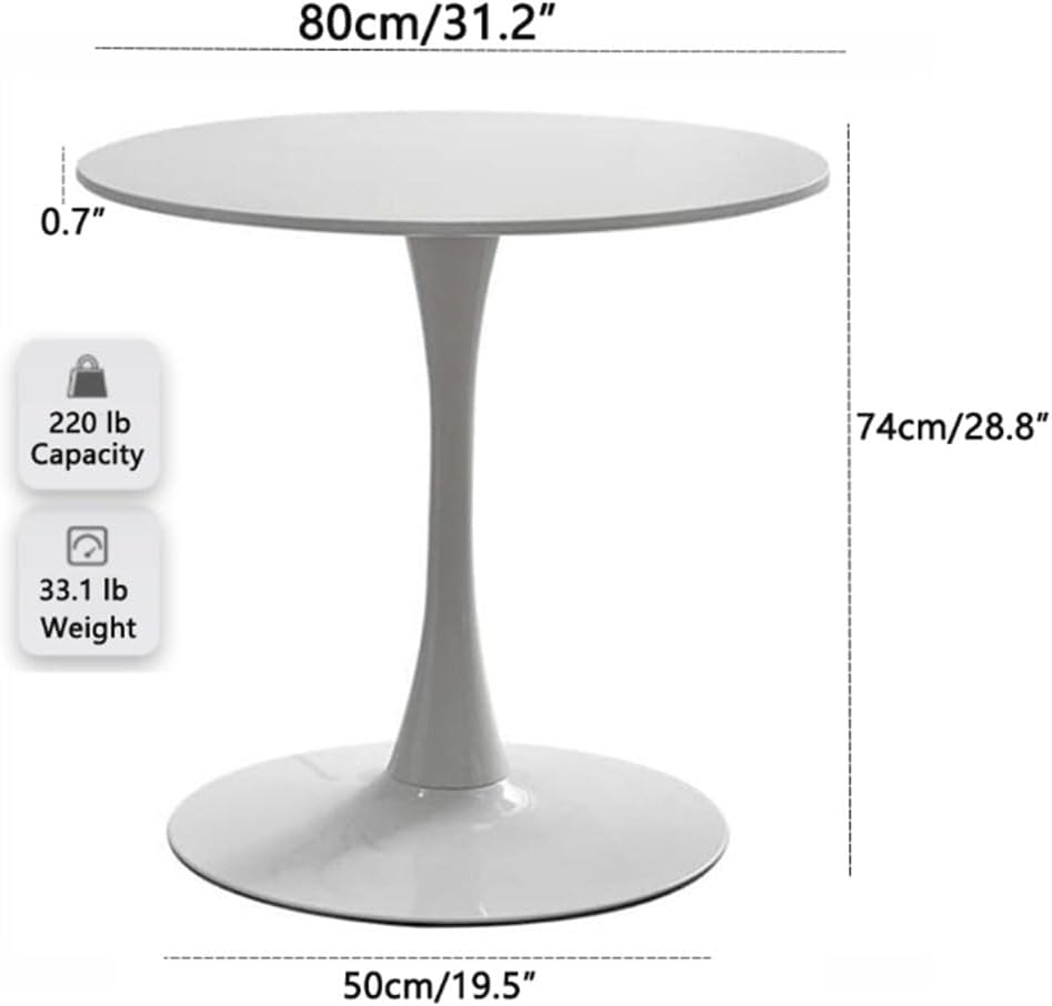 31.2" Tulip Dining Table, White, Perfect for 2-4 People, Mid-Century Modern Style, Round MDF Top with Sturdy Base for Dining Room, Living Room, Cafe