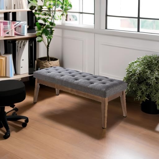 24KF Linen Upholstered Buttons Tufted Entryway Bench with Solid Wood Leg,Bed Bench Ottoman with Padded Seat,5034-Dark Gray
