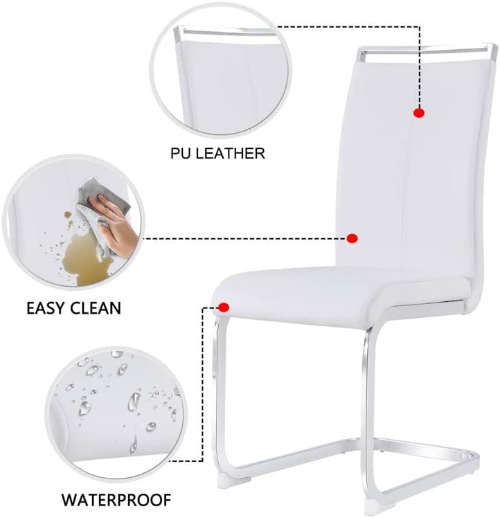 Dining Chairs Set, Kitchen Modern Metal Chairs with Faux Leather Padded Seat High Back and Sturdy Chrome Legs, Chairs for Dining Room (White-1, Set of 4)