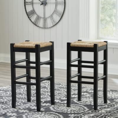 Signature Design by Ashley Mirimyn Farmhouse 29.5" Bar Height Bar Stool with Woven Wicker Seats, 2 Count, Black & Light Brown