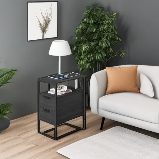 VASAGLE Side Table with Charging Station, Narrow End Table with 2 Drawers, Slim Nightstand and Bedside Table with Storage, for Small Spaces, Black ULET321B22
