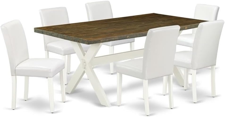 East West Furniture X077AB264-7 7 Piece Dining Room Table Set Consist of a Rectangle Dining Table with X-Legs and 6 White Faux Leather Upholstered Parson Chairs, 40x72 Inch, Multi-Color