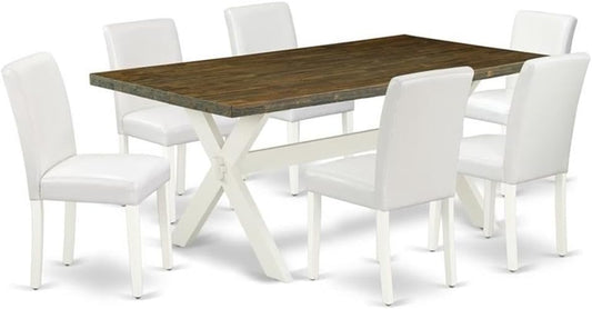 East West Furniture X077AB264-7 7 Piece Dining Room Table Set Consist of a Rectangle Dining Table with X-Legs and 6 White Faux Leather Upholstered Parson Chairs, 40x72 Inch, Multi-Color
