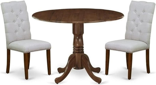 East West Furniture DLEL3-AWA-05 3 Piece Kitchen Table & Chairs Set Consist of a Round Dining Table with Dropleaf and 2 Upholstered Parson Chairs, 42x42 Inch, Antique Walnut
