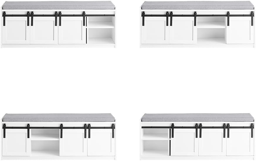 Haotian Industrial Style Shoe Storage Bench, Entryway Hallway Shoe Cabinet, Sliding Barn Doors, Drawer & Padded Seat Cushion, Rustic Window Bench for Mudroom (White) FSR198-W