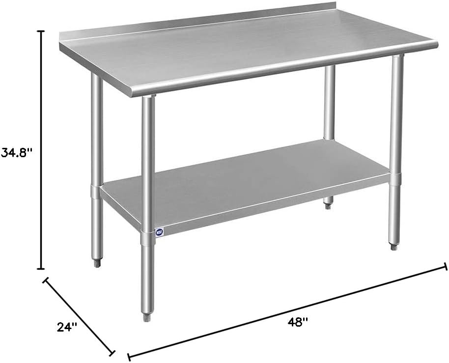 ROCKPOINT Stainless Steel Table for Prep & Work with Backsplash 24x48 Inches, NSF Metal Commercial Kitchen Heavy Duty Table with Adjustable Under Shelf and Table Foot for Restaurant, Home and Hotel