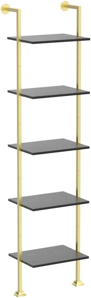 Axeman 5-Tier Ladder Bookcase, Tall Narrow Bookshelf for Small Spaces, Modern Book Storage Organizer Case Open Shelves for Bedroom, Living Room, Office, Library, Gold Metal Frame and Blakc Shelf