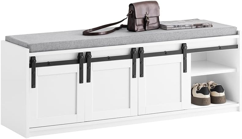 Haotian Industrial Style Shoe Storage Bench, Entryway Hallway Shoe Cabinet, Sliding Barn Doors, Drawer & Padded Seat Cushion, Rustic Window Bench for Mudroom (White) FSR198-W