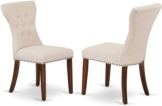 East West Furniture GAP3T32 Gallatin Parsons Dining Chairs - Button Tufted Nailhead Trim Light Beige Linen Fabric Padded Chairs, Set of 2, Mahogany