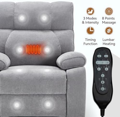 Dual Motor Power Lift Recliner Chair, 8 Positions Vibration Massage Recliner Chair, Chenille Fabric Recliner with Cup Holder, Vibration Massage and Lumbar Heating for Adults and Elderly, Grey