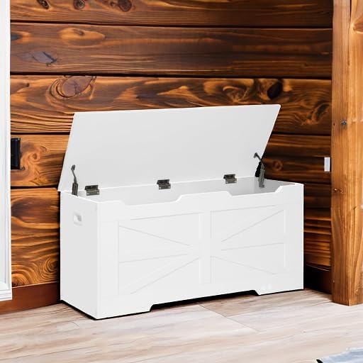 39.4" Storage Chest, Extra Large Storage Trunk with 2 Safety Hinges, Wooden Box Bench, Lift-Top Organizer Chest, Shoe Bench for Entryway, Bedroom, Living Room, White SB03403X