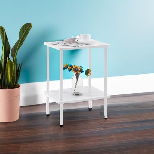 Apicizon 2 Tier End Table, Small Side Table with Solid Wood Legs, Boho Bedside Table with Storage Shelf, Nightstand for Small Spaces, Bedroom, Living Room, Entryway, Farmhouse, Easy Assembly, White
