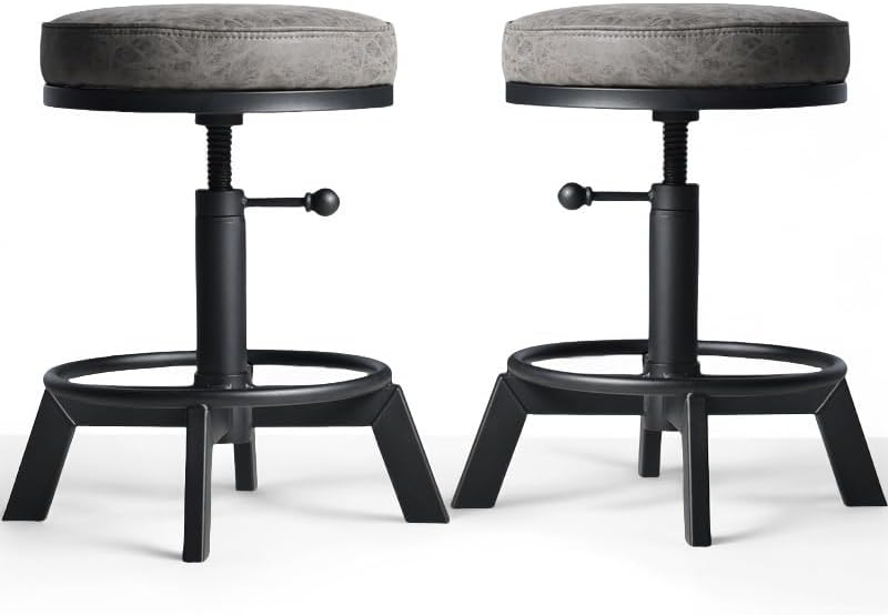 Industrial Bar Stools-Standard Height Chairs-Swivel Pu Seat-Kitchen Island Stool-Height Adjustable 15-21inch(Set of 2)