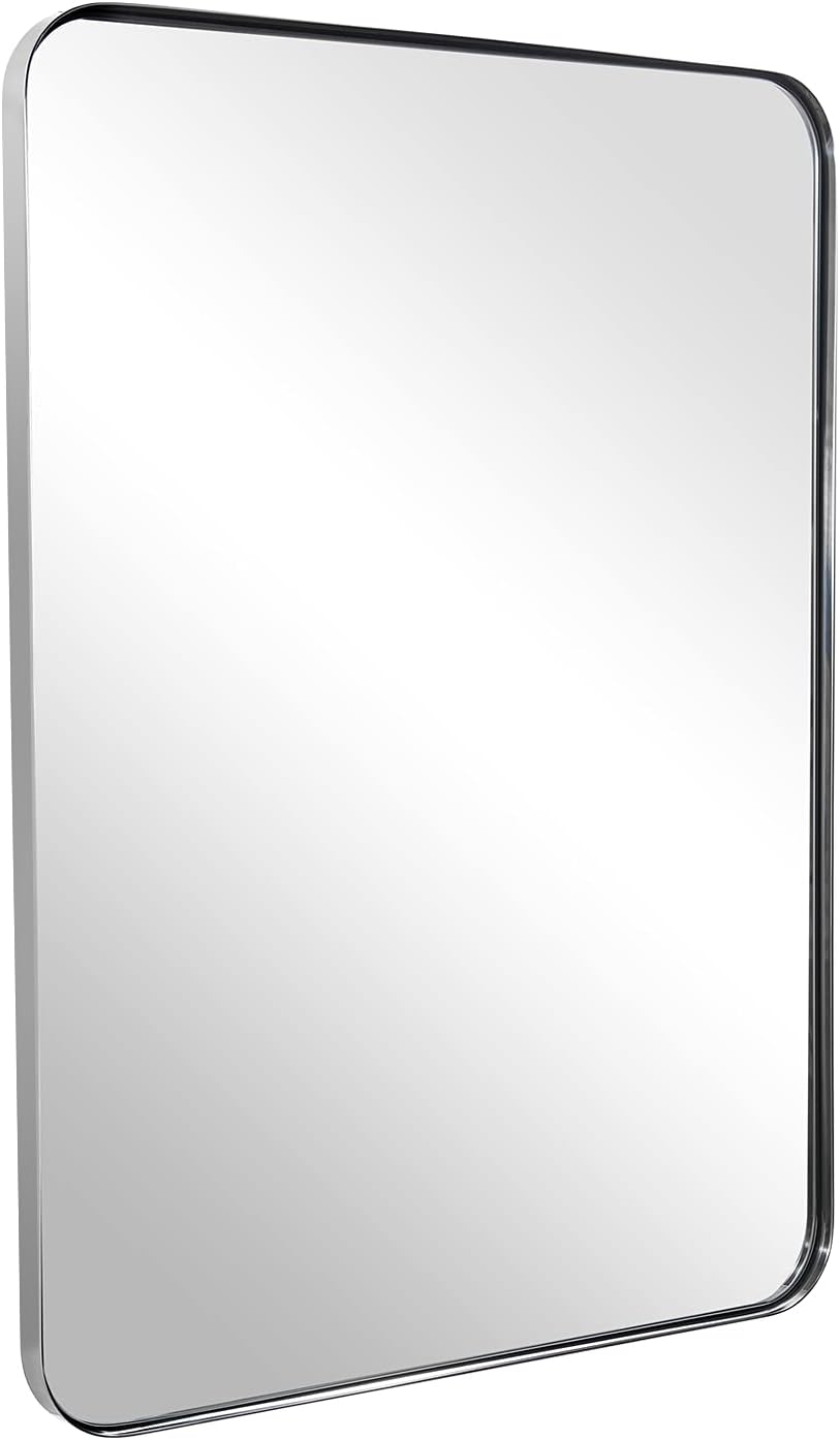 ANDY STAR Chrome Mirror for Bathroom, 24"x36" Metal Frame Wall Mirror with Rounded Corner, Modern Rectangle Bathroom Vanity Mirror with Polish Finish