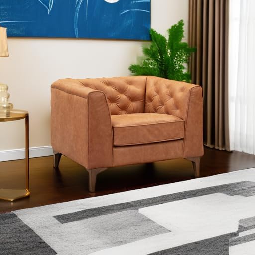Poly & Bark Essex Lounge Chair - Leather Chair with Tufted Back - Full-Grain Living Room Armchair with Feather-Down Topper - Single Couch - Vintage Italian Leather in Cognac Tan