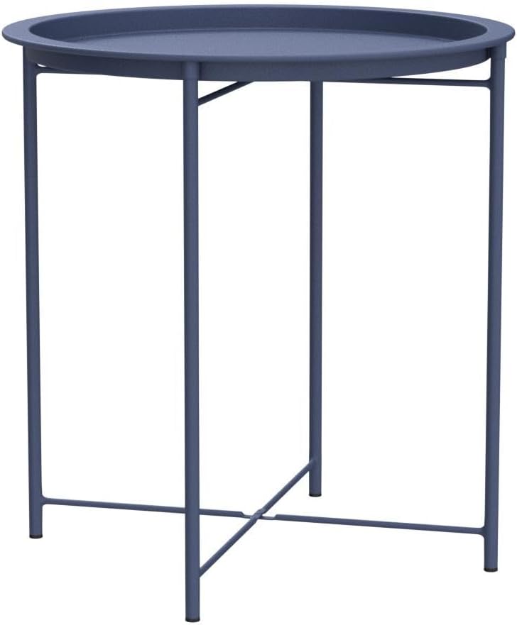 VECELO Side/End Table, Folding Round Metal Anti-Rust and Waterproof Outdoor or Indoor Tray for Living Room Bedroom Balcony and Office, 2 PCS, Blue