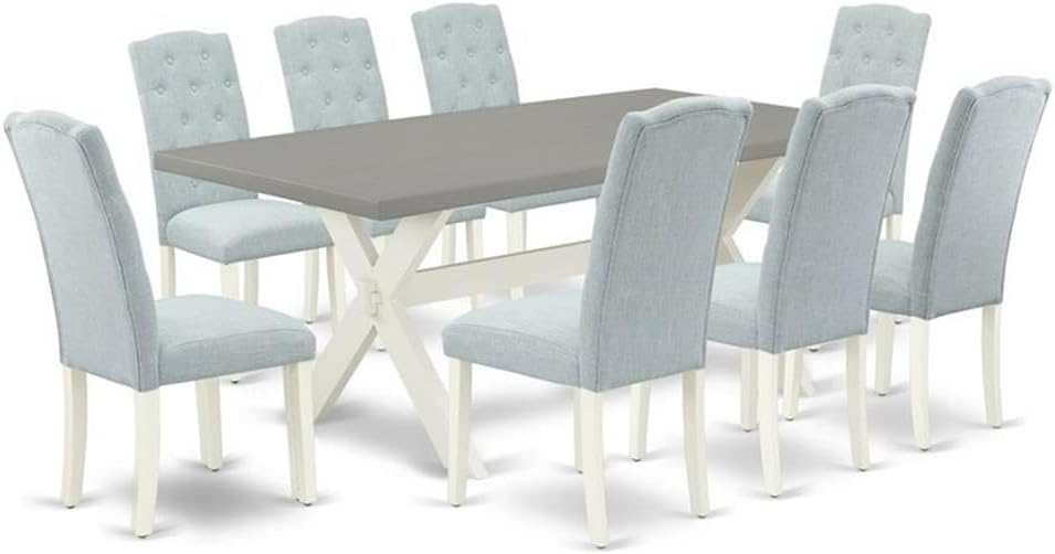 East West Furniture X097CE215-9 9 Piece Kitchen Table Set Includes a Rectangle Dining Table with X-Legs and 8 Baby Blue Linen Fabric Parson Dining Room Chairs, 40x72 Inch, Multi-Color