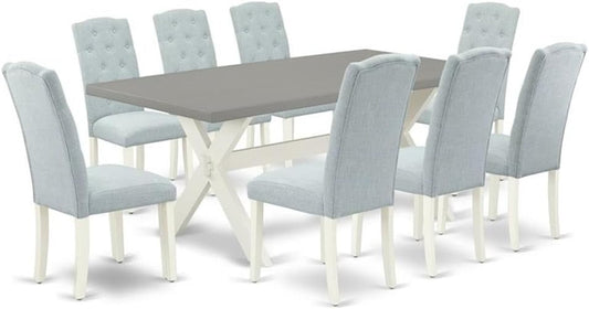 East West Furniture X097CE215-9 9 Piece Kitchen Table Set Includes a Rectangle Dining Table with X-Legs and 8 Baby Blue Linen Fabric Parson Dining Room Chairs, 40x72 Inch, Multi-Color