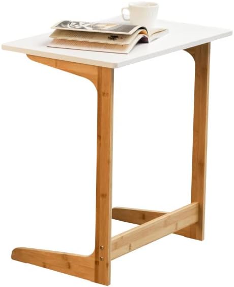 Forevich Bamboo Modern Tv Trays Table for Eating, Wood Couch Table End Snack Desk Sofa Side Table L Shaped White
