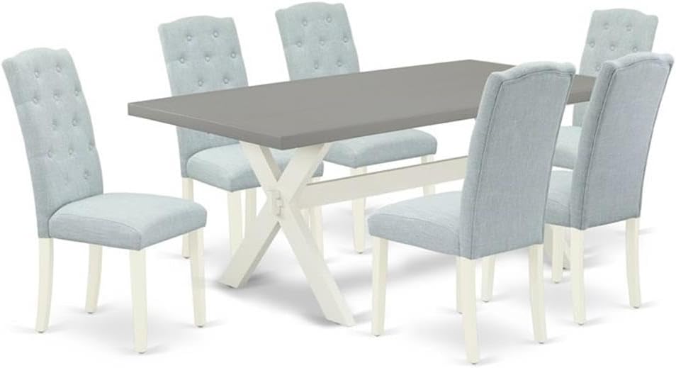East West Furniture X097CE215-7 7 Piece Dining Table Set Consist of a Rectangle Dining Room Table with X-Legs and 6 Baby Blue Linen Fabric Parsons Chairs, 40x72 Inch, Multi-Color