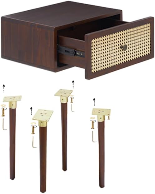 Bme Nipe Solid Wood and Rattan Nightstand, Fully Assembled, Woven Cane End Table, Bedside Table for Modern Bedroom, Boho Living Room with Tall Wood Legs Large Storage 1-Drawer, Walnut