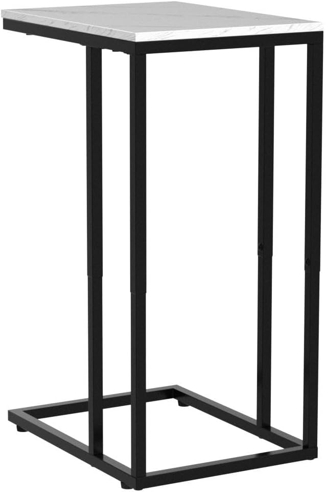 C Shaped Side Table Set of 2, Marble End Table for Sofa and Bed, Couch Table That Slide Under, Snack Side Table for Living Room, Bedroom or Small Spaces, White and Black
