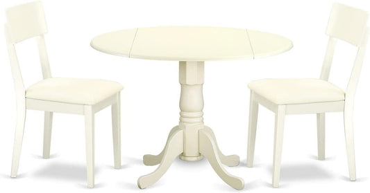 East West Furniture DLAD3-LWH-LC 3 Piece Dining Room Furniture Set Contains a Round Dining Table with Dropleaf and 2 Faux Leather Upholstered Chairs, 42x42 Inch, Linen White