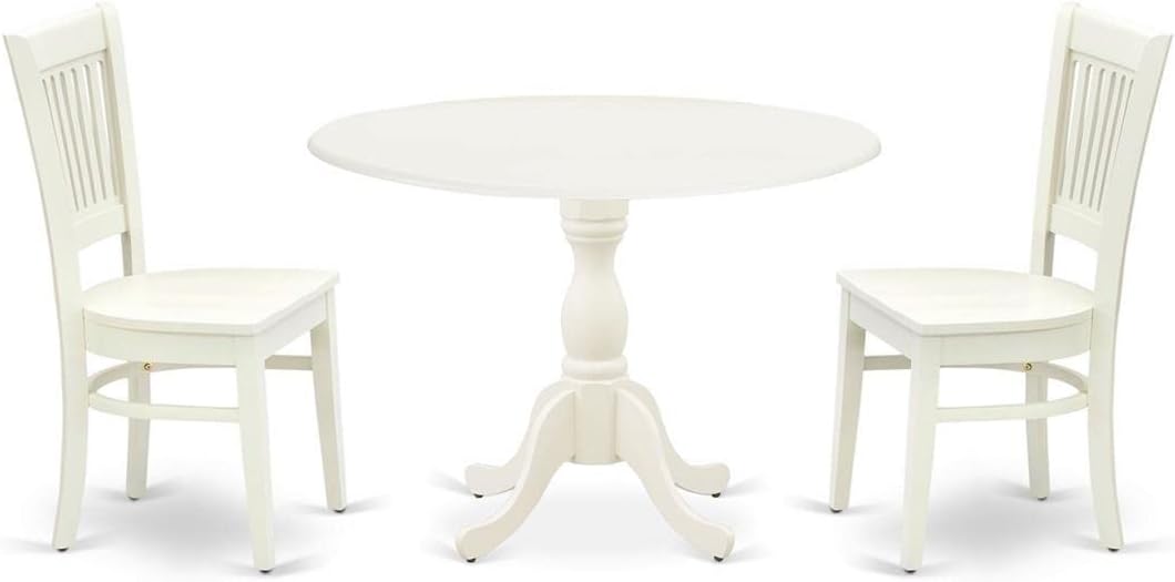 East West Furniture DMVA3-LWH-W 3 Piece Kitchen Table & Chairs Set Contains a Round Dining Room Table with Dropleaf and 2 Dining Chairs, 42x42 Inch, Linen White