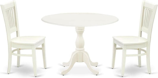 East West Furniture DMVA3-LWH-W 3 Piece Kitchen Table & Chairs Set Contains a Round Dining Room Table with Dropleaf and 2 Dining Chairs, 42x42 Inch, Linen White