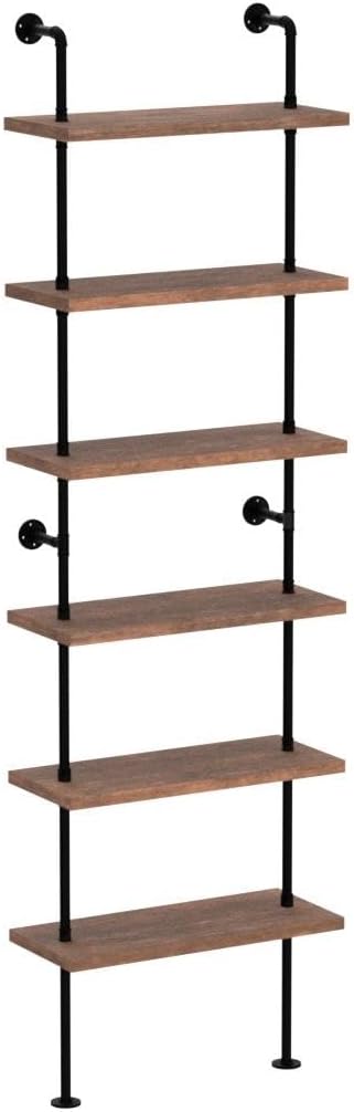 Industrial Ladder Pipe Shelves, Wall Mounted Rustic Bookshelf, Retro Metal Wood Bookcases (Weathered Brown, 6 Tier - 10" D x 24" W x 82.5" H)