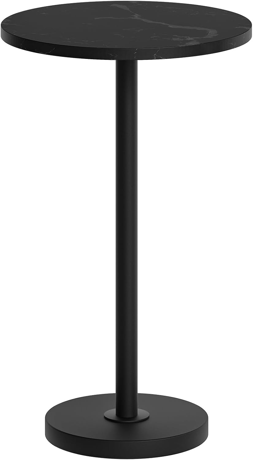 Round Side Table, Tall Drink End Table for Small Spaces, Pedestal Style Martini Side Table in Living Room, Bedroom, Dormitory, Marble Black and Black ET30BM
