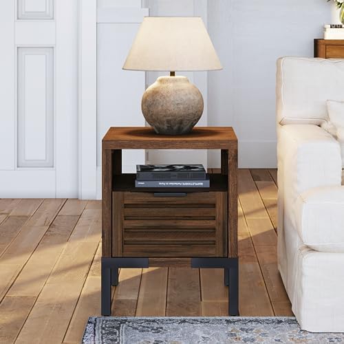 Bme Millie Solid Acacia Wood Rustic Nightstand with Drawers & Open Shelf, Pre-Assembled Modern Industrial Side Table for Bedroom or Living Room Use