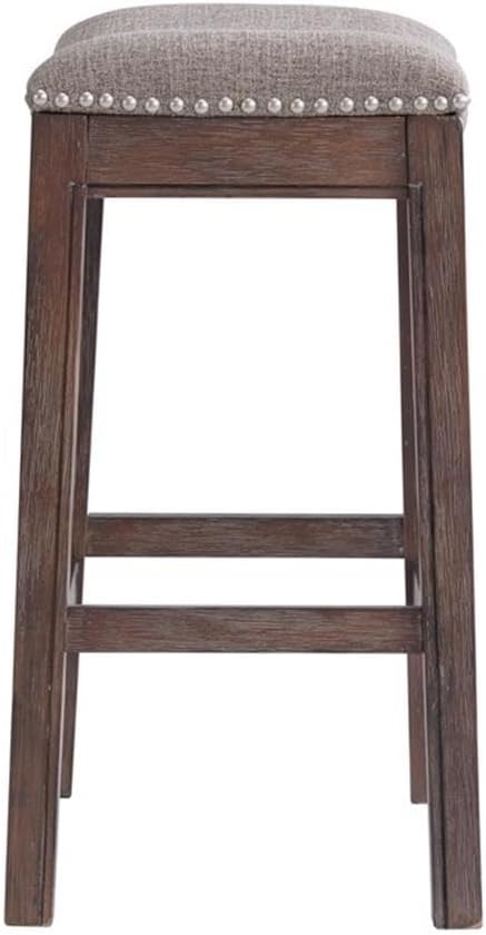 Williston Dark Brown Wood Counter Height Stool Set of 2, 18.25 in. W Seat with Linen-Like Fabric & Silver Satin Nail Heads, Kitchen Furniture Bar Stools w/Solid Rubberwood Frame & Metal Kick Plate