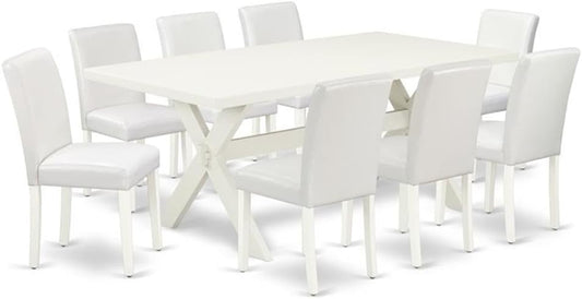 East West Furniture X027AB264-9 9 Piece Dining Set Includes a Rectangle Dining Room Table with X-Legs and 8 White Faux Leather Upholstered Parson Chairs, 40x72 Inch, Multi-Color