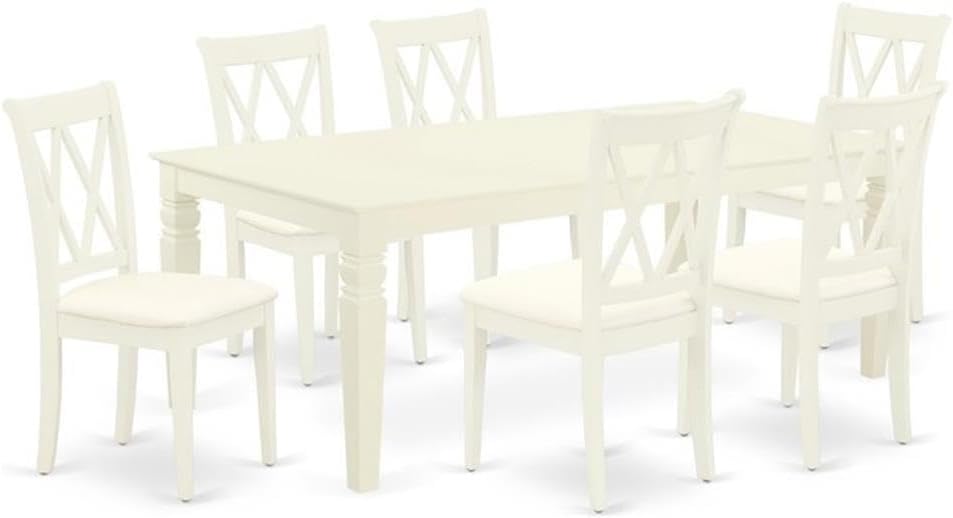 East West Furniture LGCL7-LWH-C 7 Piece Dining Room Table Set Consist of a Rectangle Kitchen Table with Butterfly Leaf and 6 Linen Fabric Upholstered Chairs, 42x84 Inch, Linen White
