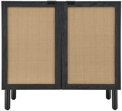 Sango Orre 2-Door Cabinet, Modern Black Storage Cabinet with Synthetic Rattan Door Panels, Adjustable Shelf, Cylindrical Wood Legs, Discreet Finger Pulls, Elegant Furniture for Living or Dining Room